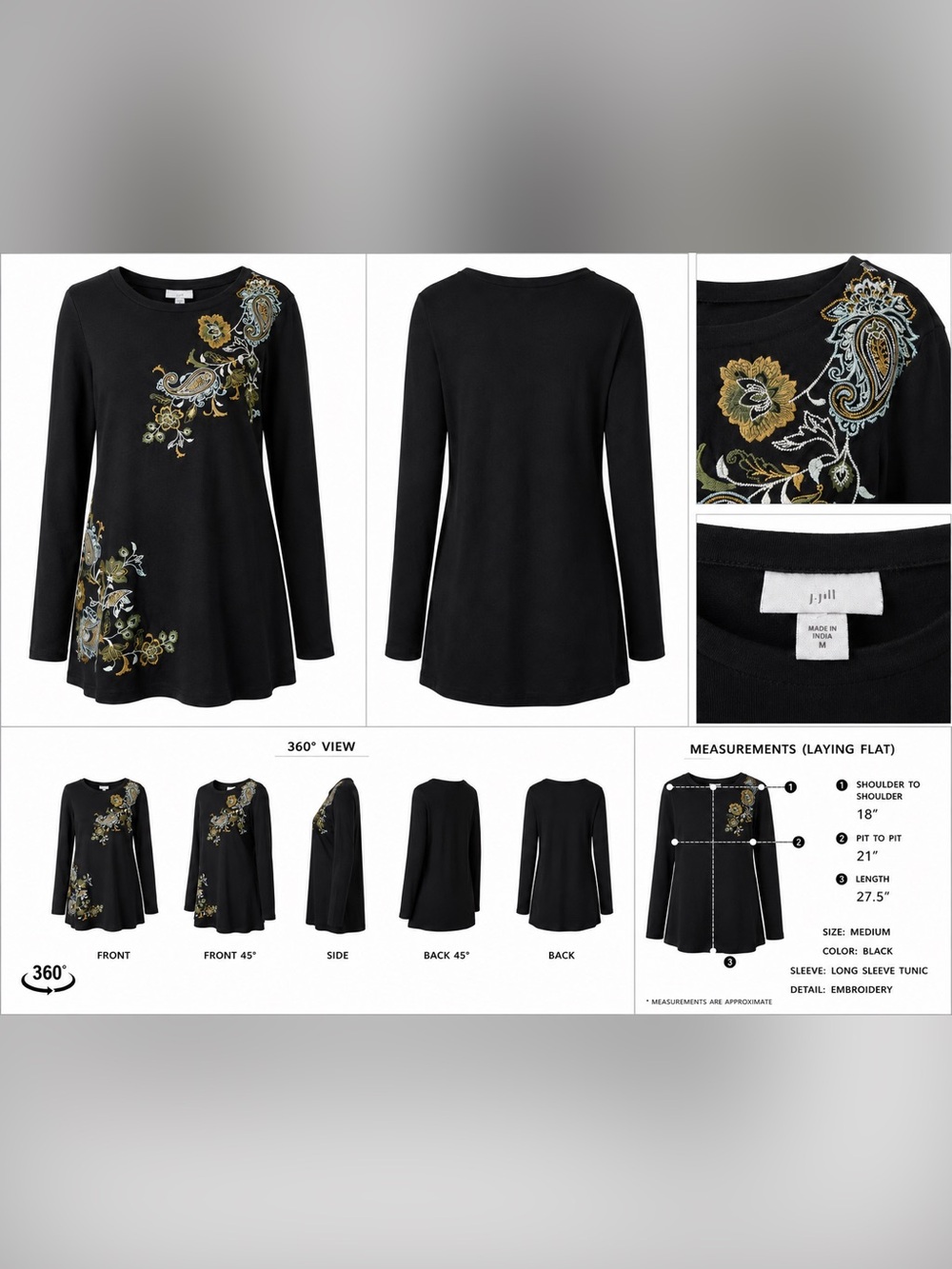 EUC - J. Jill Black Long-Sleeve Tunic with Gold and Green Floral Embroidery MED